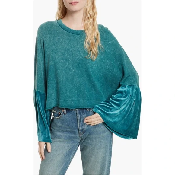 Free People Sleeves Glorious Sleeves Pullover Teal Velvet Sleeve Sweater NWT XS - Picture 2 of 14